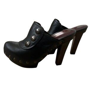 Jessica Simpson Black Leather Studded Heeled Mules With Wooden Sole Size 8